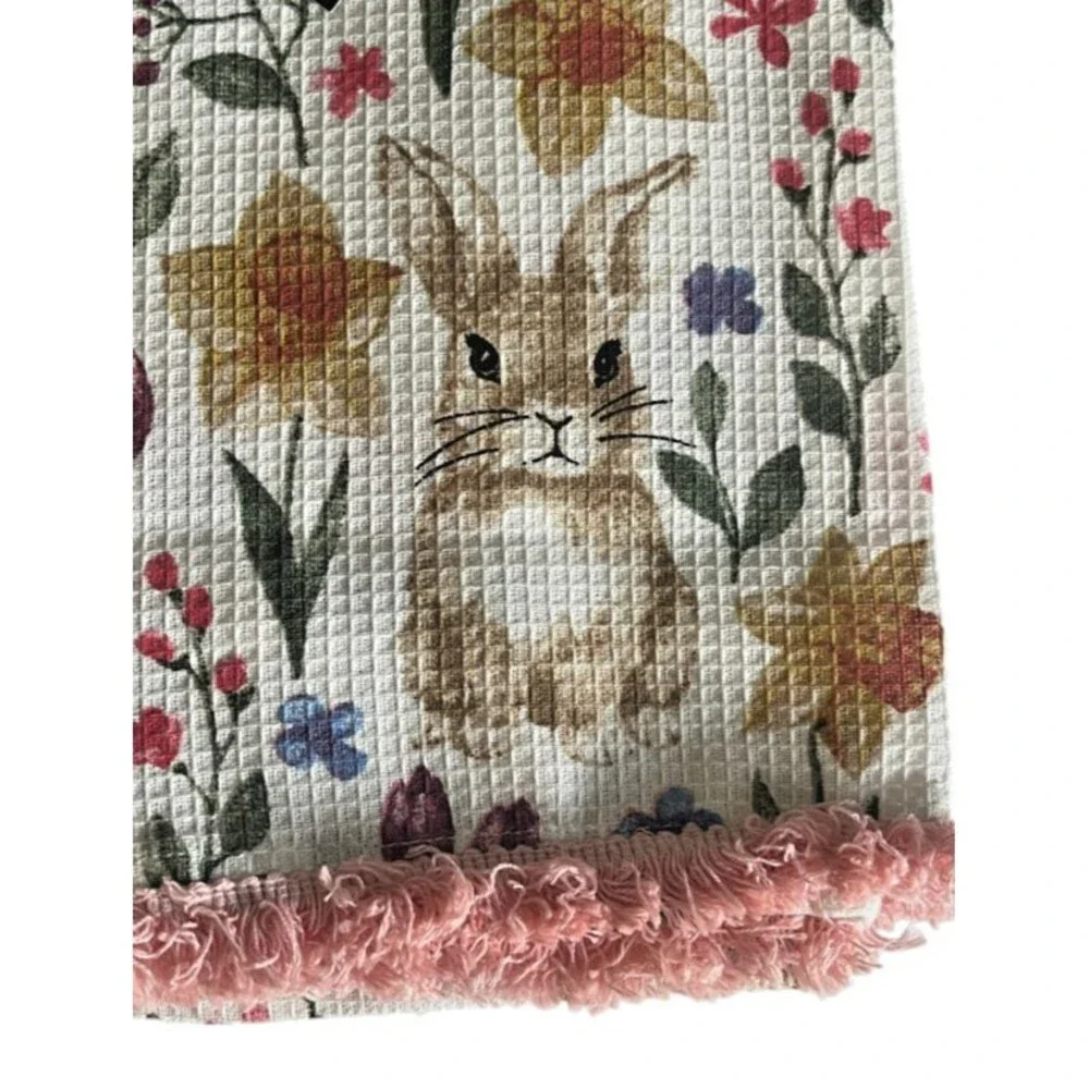 Tahari Easter Bunny Kitchen 2 Dish Towels Fringe Edge Waffle Weave Pink White